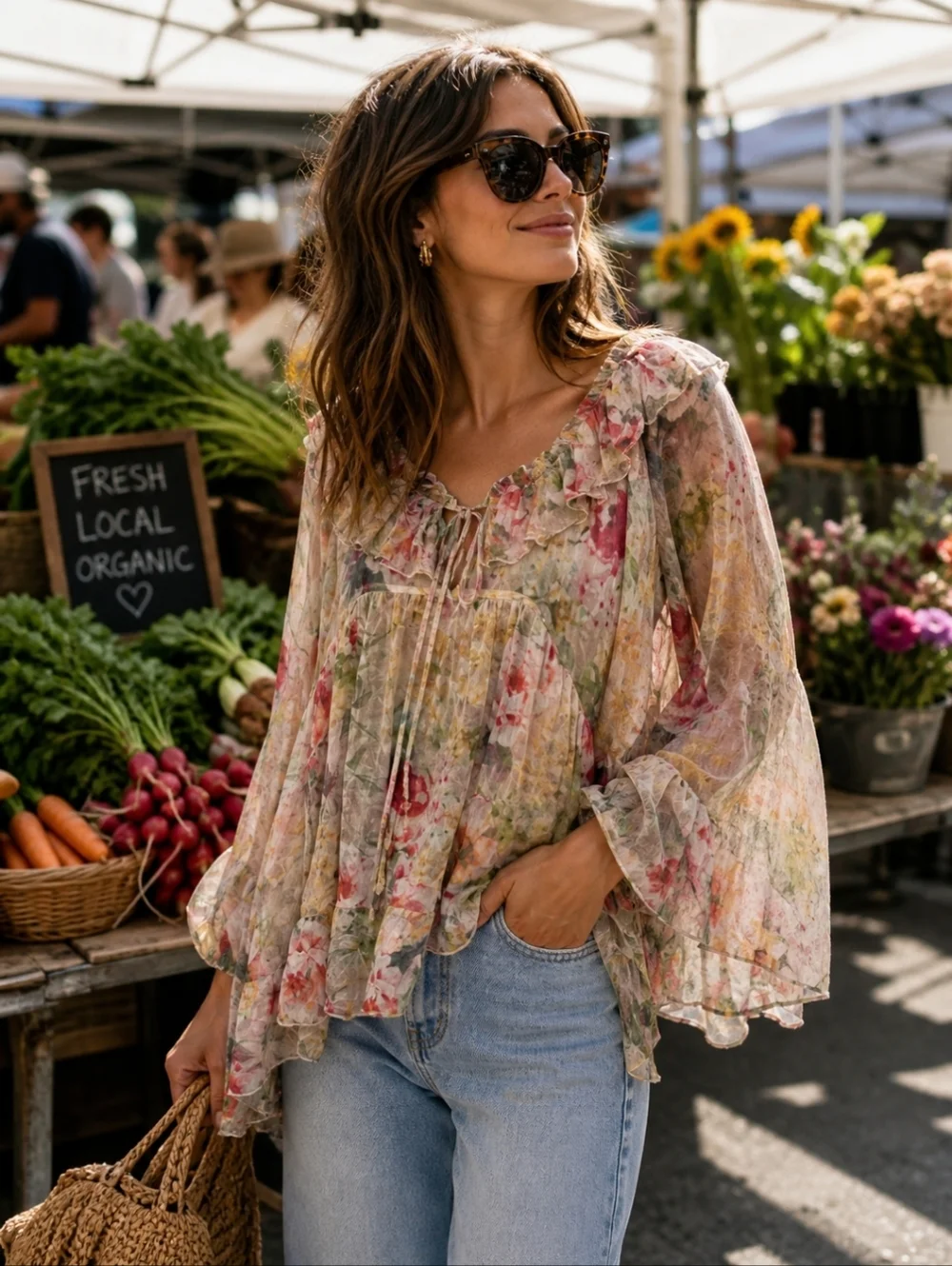 JOHNNY WAS Aria Silk Flowy Whimsigoth Semi-sheer Abstract Pastel Floral Blouse